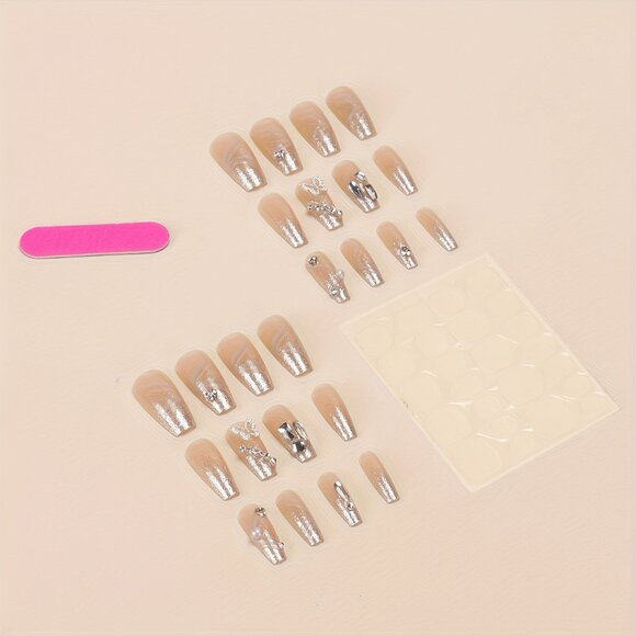 24-Piece Long Square Nude Nail Set with Butterfly, Pearl Embellishments - Picture 4 of 5